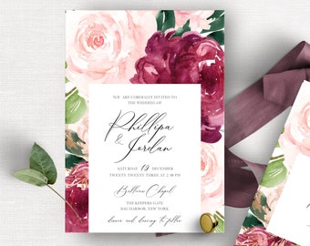 Marsala Wedding Invitation Template - Editable Floral Wedding Invite, Printable Blush Wedding Invitation, Instant Download, OM-038, Wine