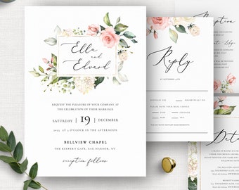 Summer Wedding Invitation Set, Printable Pink Floral Invitation Bundle, Wedding Invite Template Set, OM-046, Download, Blush, Editable