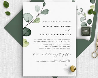 Eucalpytus Wedding Invitation Template, Greenery Wedding Invite, Foliage, Simple, OM-022, Instant Download, Printable, Editable, Affordable