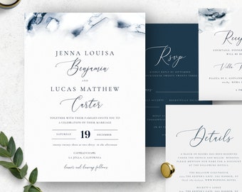 Navy Wedding Invitation Set, Printable Watercolor Invitation Bundle, Marble Invite Wedding Template, OM-074, Modern, Instant Download, Blue