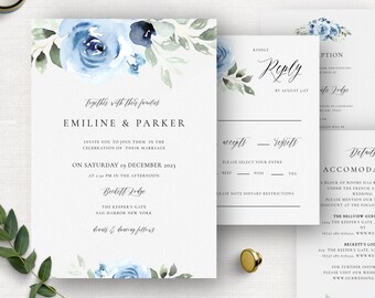 Dusty Blue Wedding Invitation Set, Printable Floral Invitation Bundle, Wedding Invite Template Set, OM-039, Instant Download, Blue and Navy