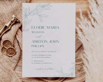 Hunter Green Wedding Invitation Template - Editable Forest Green Wedding Invite, Printable Wedding Invitation, OM-045(2), Instant Download