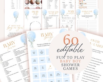 60 Shower Games Bundle for Baby Boy, It's A Boy Editable Baby Shower Games, Blue Balloons Printable Shower Games, Instant Download, WSBS-01