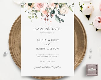 Pink Roses Save the Date Template No Photo, Blush Save the Date Card, Modern Greenery, Printable OM-017, Wedding Card,  Editable, Download