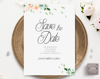 Peach and Cream Save the Date Template, Printable Floral Save the Date Card With Photo, Blush Rose, OM-068, Wedding, No Photo, Editable