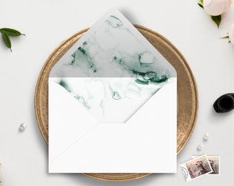 Green Envelope Liner Template, Printable Emerald Watercolor Marble Envelope Liner, Wedding Envelope Template, OM-081, A7, Euroflap, Square