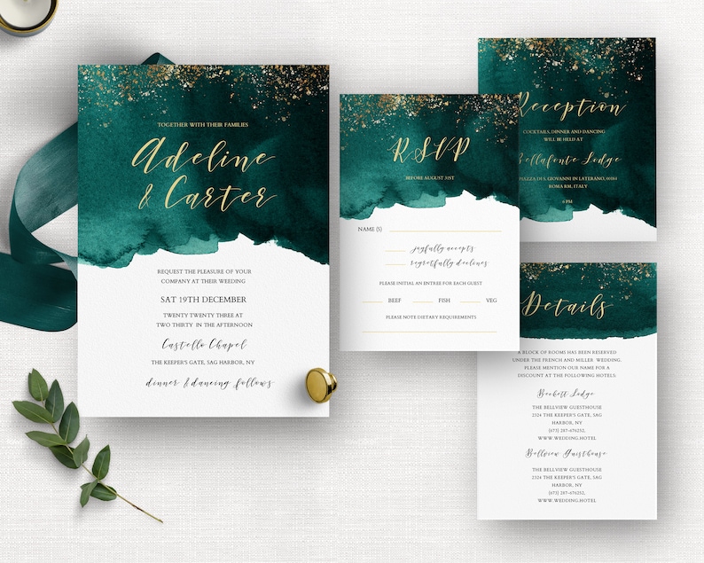 Emerald Green and Gold Wedding Invitation Set Modern Wedding | Etsy ...