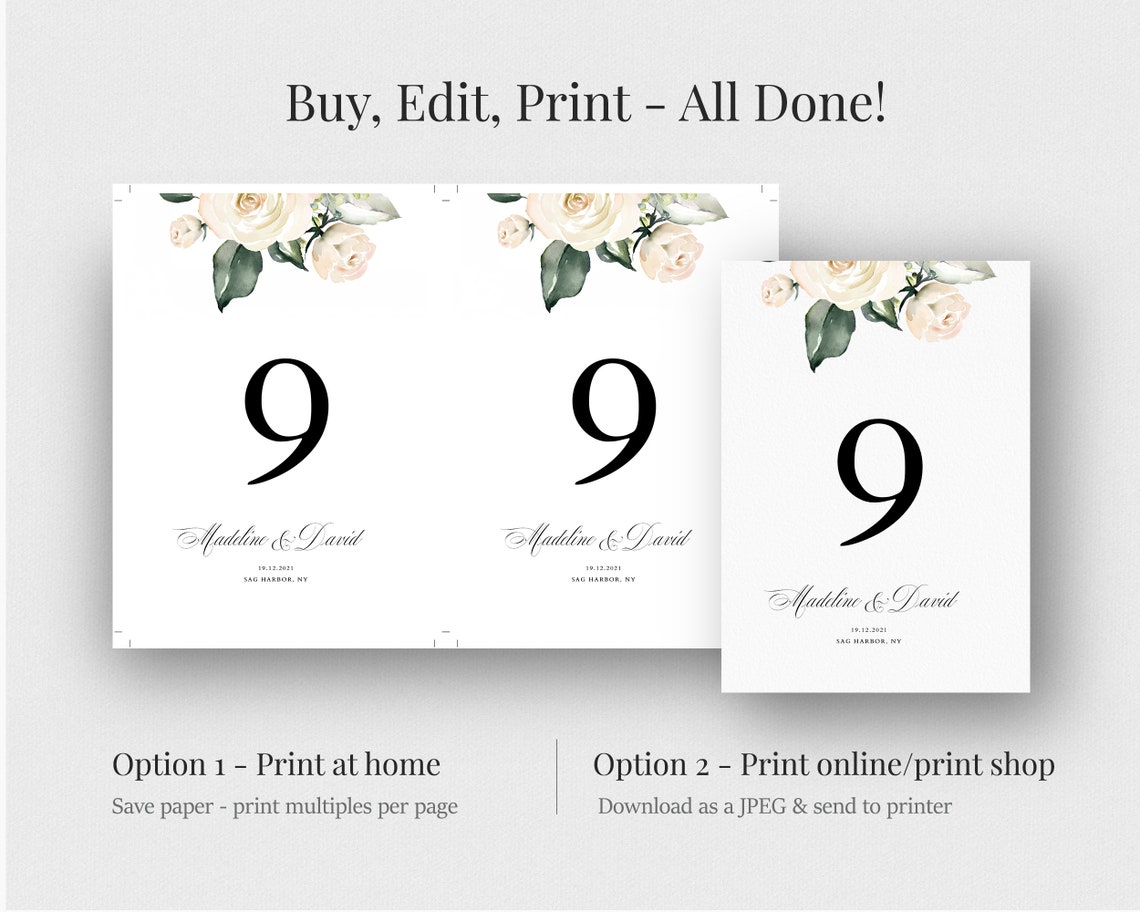 Printable Rose Table Numbers Wedding Table Numbers Template | Etsy