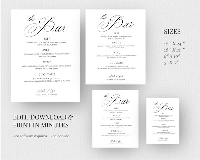 Printable Bar Menu Template Wedding Bar Menu Large Open Bar Etsy
