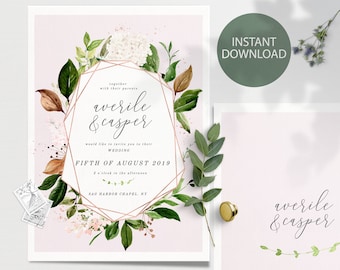 Wedding Invitation Template with Modern Floral Theme, Wedding Invitation Download, Wedding Invite Template, Printable Wedding Invitation