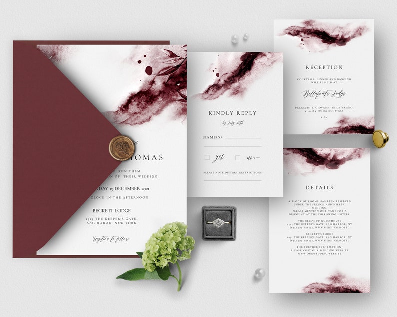 Burgundy Wedding Invitation Set Printable Watercolor | Etsy