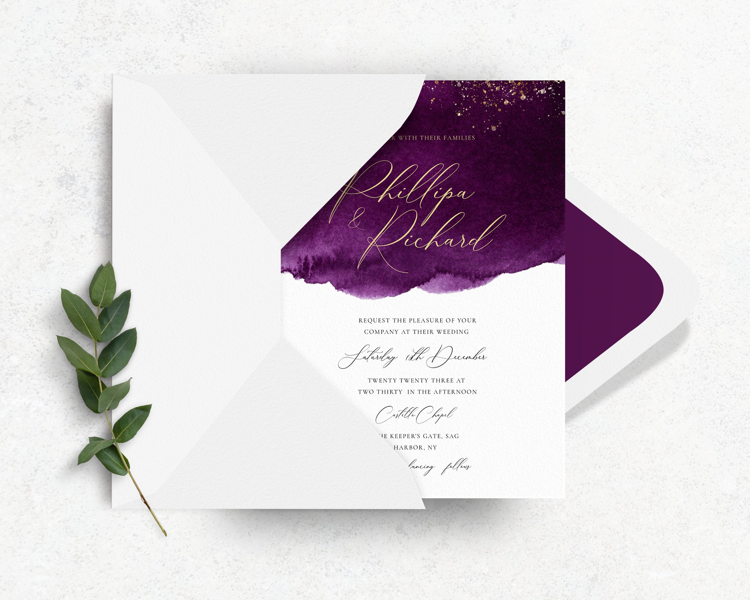 Plum Wedding Invitation Set Purple and Gold Printable Etsy