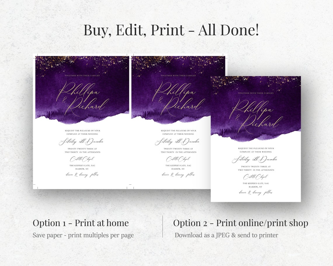 Purple and Gold Wedding Invitation Template Modern Wedding - Etsy