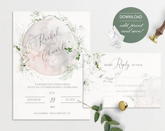 Wedding Suite Bundle - Wedding Suite Template, Instant Download, Floral Theme, Wedding Templett, Moon Theme Wedding Invitation Suite