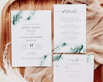 Emerald Green Wedding Invitation Template, Modern Hunter Green Watercolor Invite Template, RSVP Card, OM-081, Printable, Download, Suite