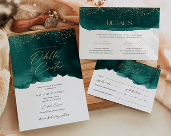 Emerald Green/Gold Wedding Invitation Template, Modern Wedding Invitation Suite, Printable Invite, Digital Download, OM-045(2), Bundle, Set