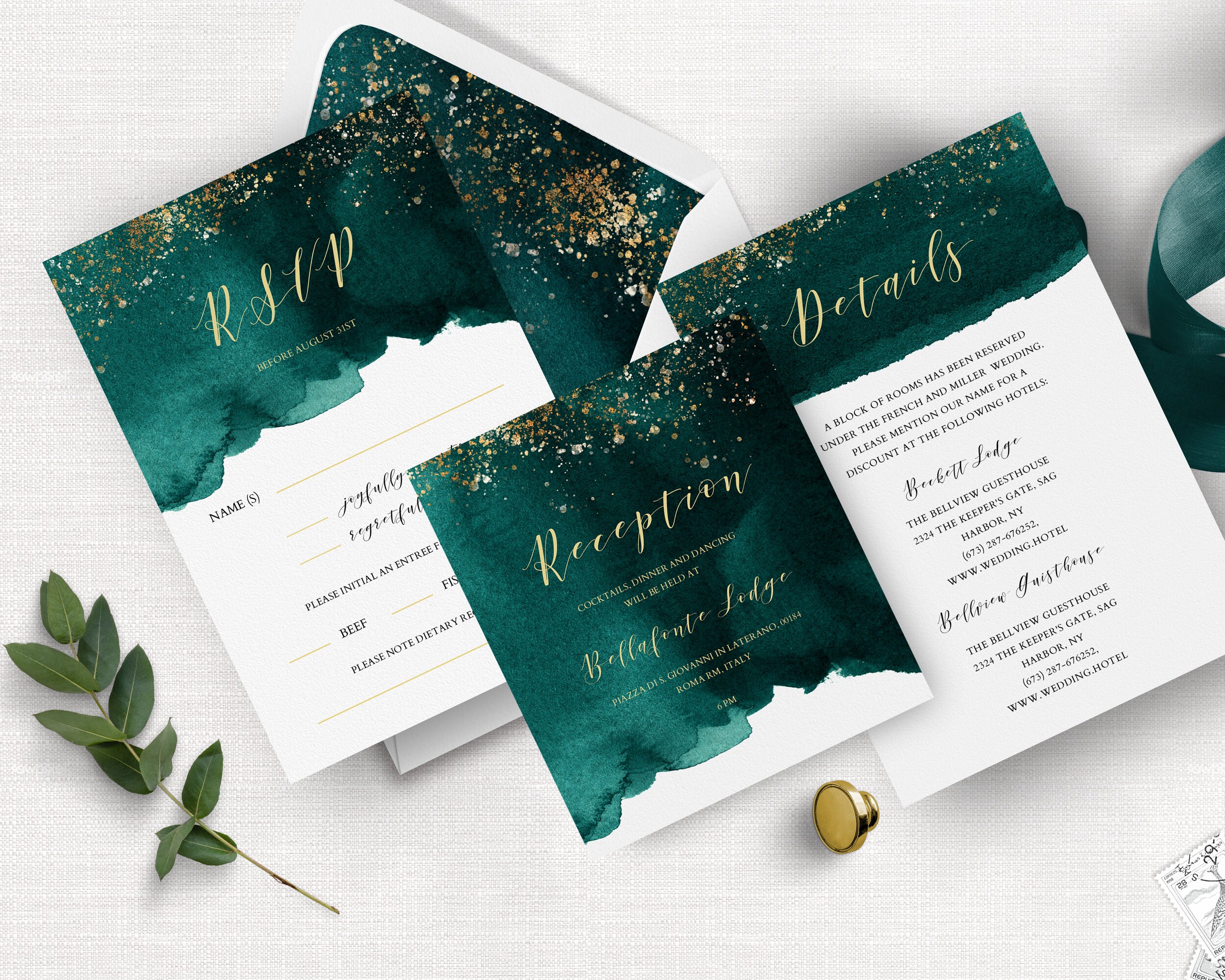 Emerald Green and Gold Wedding Invitation Set Modern Wedding Etsy