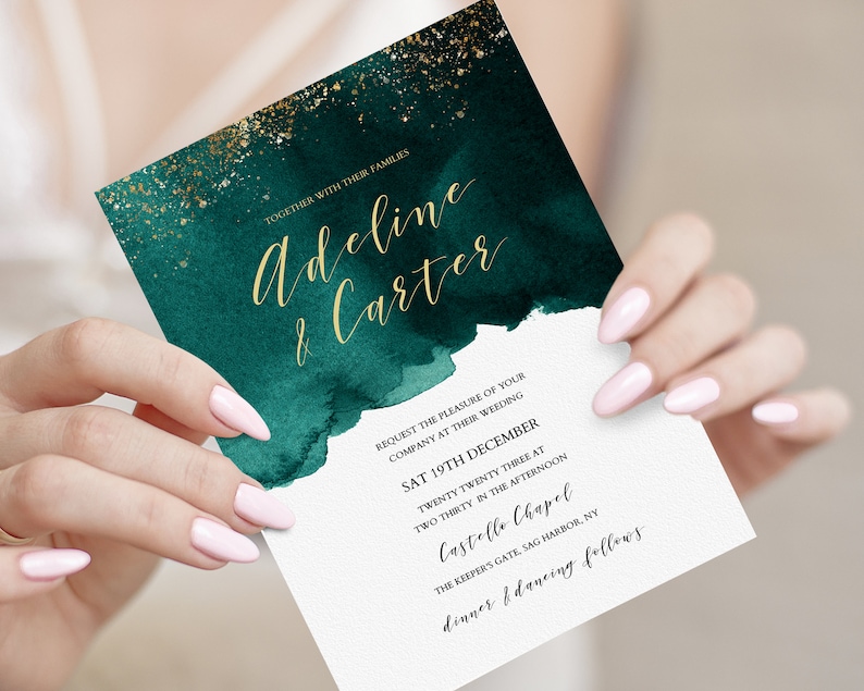 Emerald Green & Gold Wedding Invitation Template Editable | Etsy UK