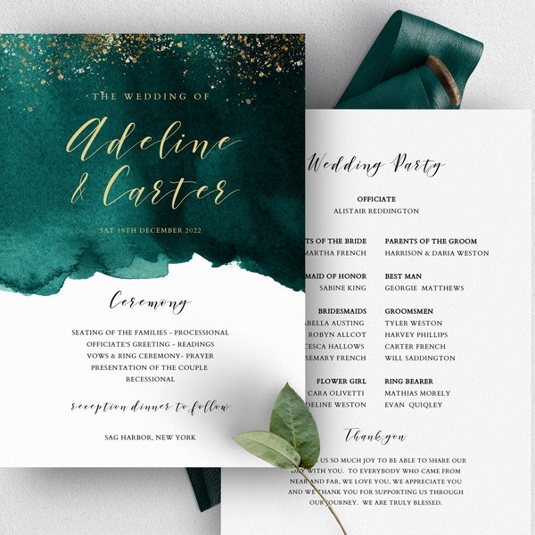 Emerald Green Wedding Ceremony Program, Printable Modern Program Template, Gold, Wedding Program Download, OM-045, Editable Program Card