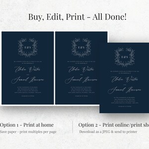 Elegant Navy Wedding Invitation Template Editable Monogram - Etsy