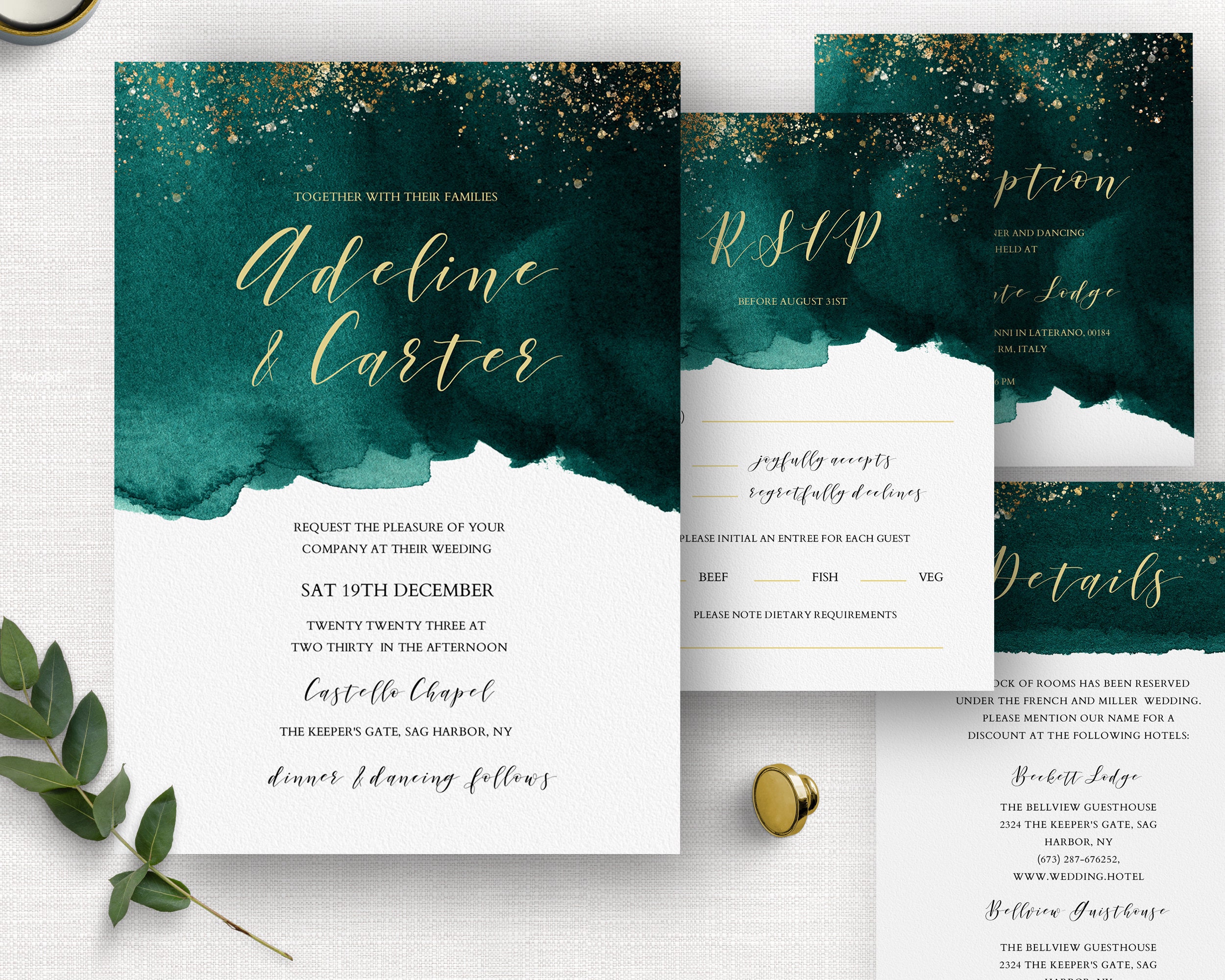Wedding Invitation Set Bundle INSTANT DOWNLOAD Emerald Green Gold Geode 