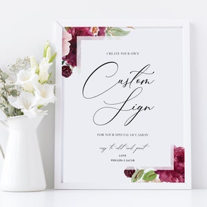 Marsala Wedding Sign Template, Printable Custom Wedding Sign, Design Your Own Sign, Instant Download, Editable, OM-038, Unlimited, Floral