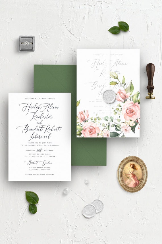 Paper Invitations & Announcements Download Wedding Invitation Pocket Romantic Floral Vellum