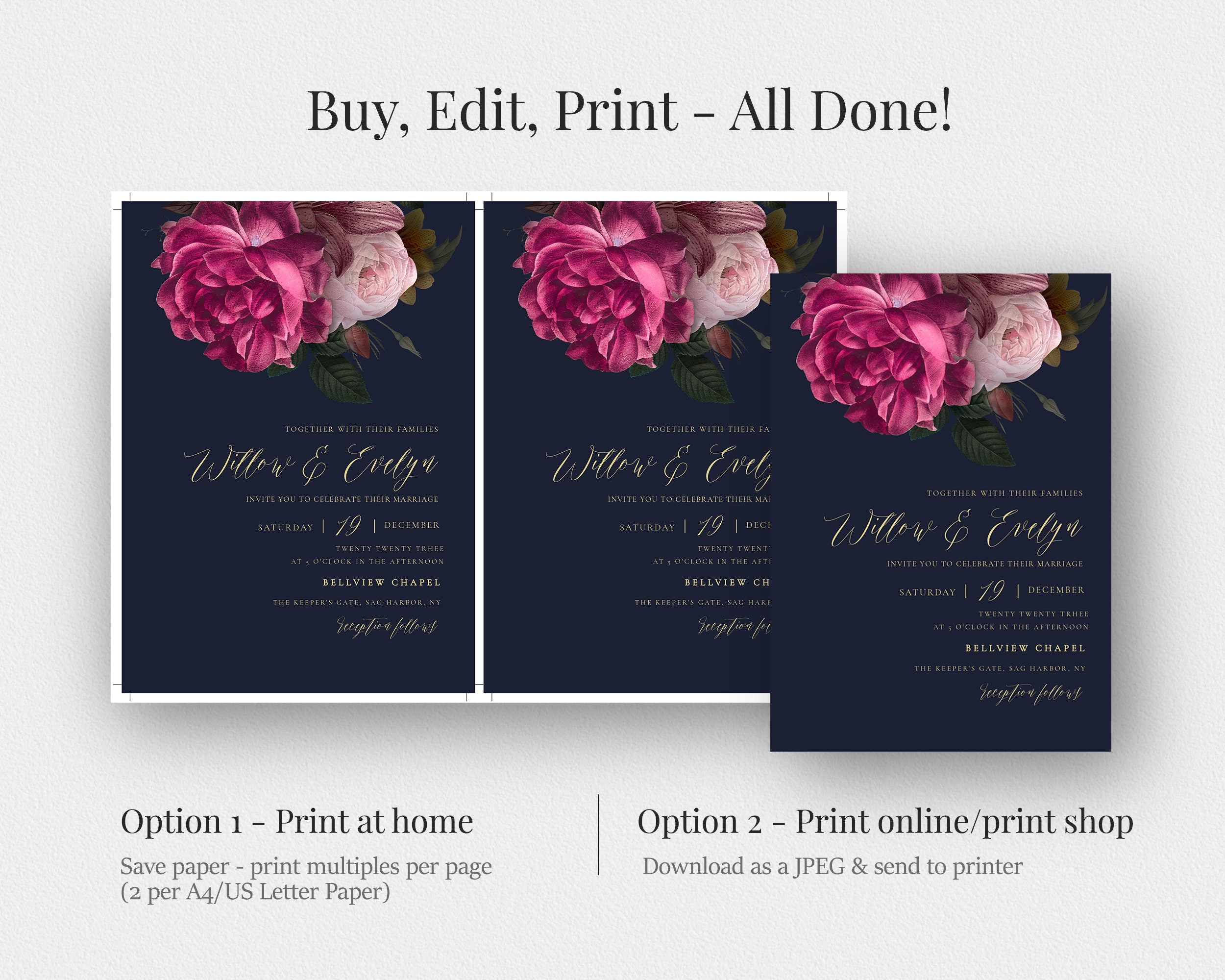 Navy and Burgundy Wedding Invitation Template Floral Wedding | Etsy