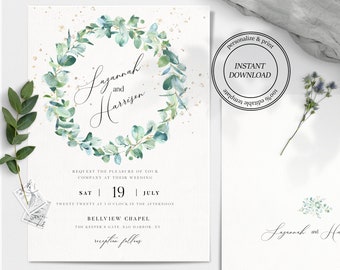 Eucalyptus Wedding Invitation Template - Green & Gold Wedding Invitation Download, Wedding Invite Template, Printable Wedding Invite, OM-009