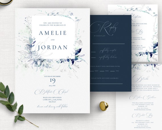 Navy Blue Wedding Invitation Set Printable Invitation Bundle | Etsy