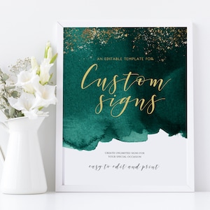 Emerald Green and Gold Wedding Sign Template, Printable Custom Wedding Sign, Design Your Own Sign, Instant Download, OM-045, Editable,