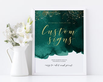 Emerald Green and Gold Wedding Sign Template, Printable Custom Wedding Sign, Design Your Own Sign, Instant Download, OM-045, Editable,