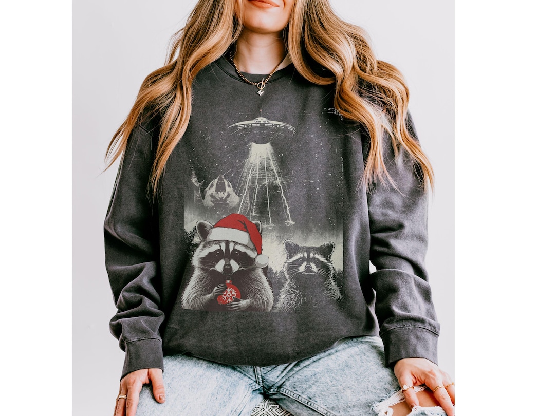 Funny Raccon Kits Vintage Christmas Raccon UFO Comfort Colors Sweatshirt, Funny Christmas ...