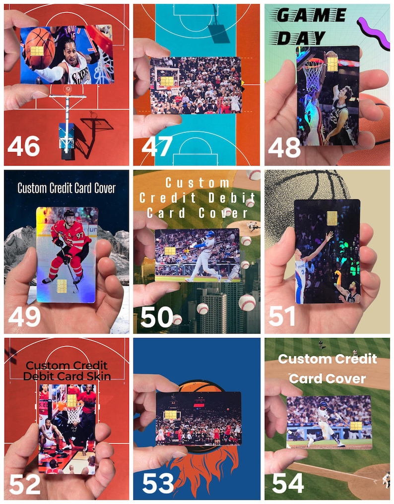 May include: A collection of custom credit and debit card covers featuring sports themes. The cards display images of basketball, hockey, and baseball players in action. Some cards have the text "Custom Credit Card Cover" or "Custom Credit Debit Card Skin".