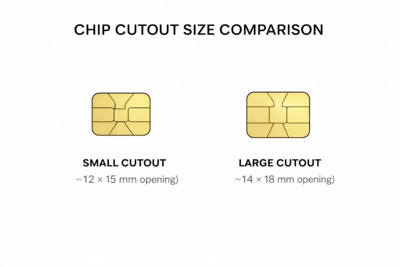 May include: Image comparing chip cutout sizes. The text reads "CHIP CUTOUT SIZE COMPARISON." Two gold-colored chip cutouts are shown. The small cutout is approximately 12 x 15 mm, and the large cutout is approximately 14 x 18 mm.