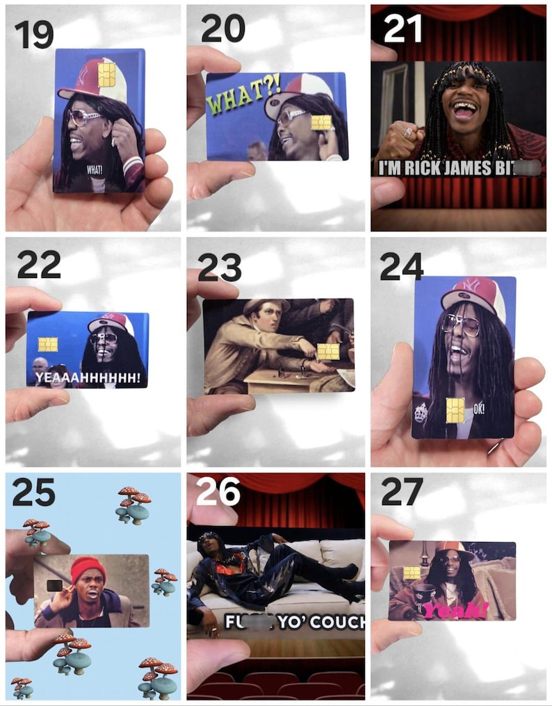 May include: A collection of novelty credit card-sized items featuring various images and text. The cards display portraits, memes, and phrases like "WHAT?!", "I'M RICK JAMES BIT", and "FU* YO' COUCH". Each card includes a small, gold-colored chip.