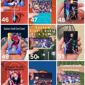 May include: A collection of custom credit and debit card covers featuring sports themes. The cards display images of basketball, hockey, and baseball players in action. Some cards have the text "Custom Credit Card Cover" or "Custom Credit Debit Card Skin".