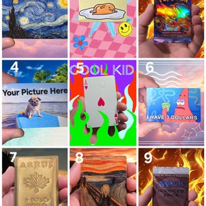 May include: A collection of various novelty items, including a miniature painting of Van Gogh's "Starry Night", a card with a fried egg illustration, a Pokemon trading card pack, a card with a pug, a playing card, a card with Patrick Star, a gold bar, a miniature of "The Scream", and a Magic booster pack.