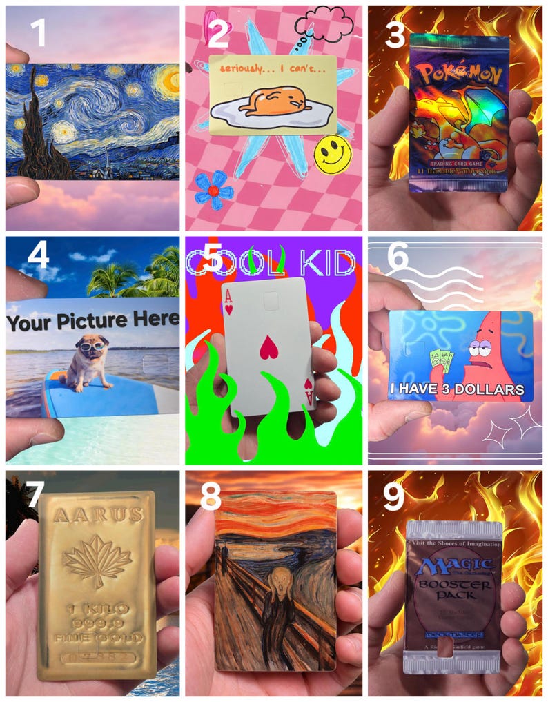 May include: A collection of various novelty items, including a miniature painting of Van Gogh's "Starry Night", a card with a fried egg illustration, a Pokemon trading card pack, a card with a pug, a playing card, a card with Patrick Star, a gold bar, a miniature of "The Scream", and a Magic booster pack.