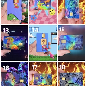 May include: A collection of various rectangular cards, each featuring unique designs. The cards showcase pixelated characters, vibrant illustrations of Pok&eacute;mon, and abstract patterns. The cards are held in hands, with a focus on the colorful artwork.