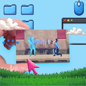 May include: A pixelated digital art piece featuring a video game scene with two characters in combat. The image is held by a hand, with a pink cursor pointing at the scene. The background includes computer icons and a blue sky.