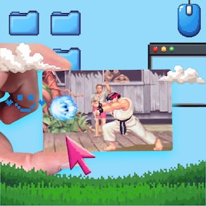 May include: A digital art piece featuring a pixelated desktop theme. The image includes a pixelated cursor, a window, and a card with a Street Fighter scene. The background is a light blue with pixelated grass.