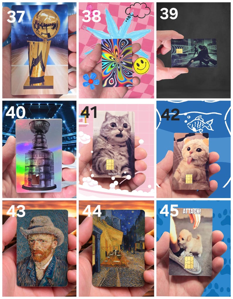 May include: A collection of rectangular cards featuring various designs. One card displays a gold trophy, another a colorful psychedelic pattern, and others showcase images of a cat, a painting, and a puppy. Each card has a gold chip.