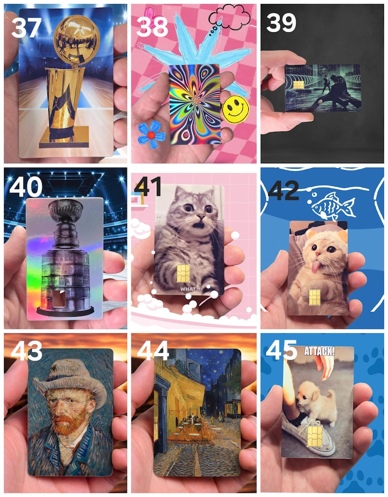 Puede incluir: Una colecci&oacute;n de tarjetas rectangulares con varios dise&ntilde;os. Una tarjeta muestra un trofeo dorado, otra un patr&oacute;n psicod&eacute;lico colorido, y otras presentan im&aacute;genes de un gato, una pintura y un cachorro. Cada tarjeta tiene un cuadrado dorado.
