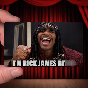 May include: A rectangular card featuring a smiling person with long braids and a red patterned shirt. The card has the text "I'M RICK JAMES BI". The card is held in front of a red curtain.