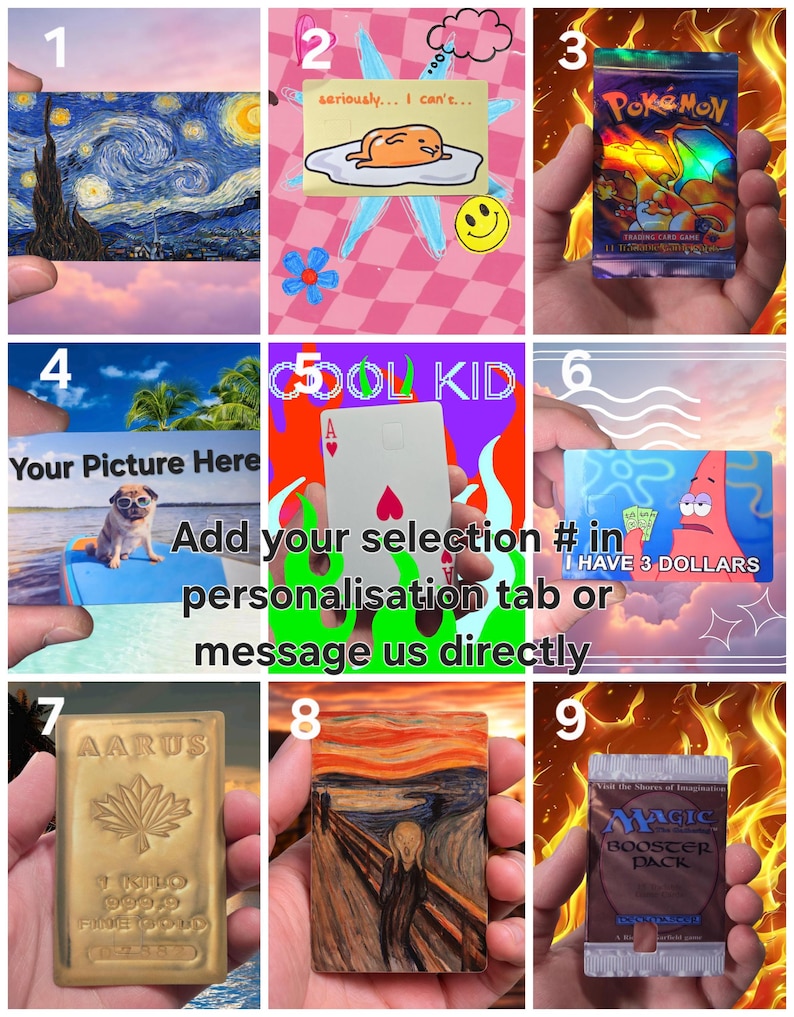 May include: A collage of nine small images. The images include a painting of a starry night, a cartoon egg, a Pokemon card pack, a pug on a surfboard, a playing card, a SpongeBob meme, a gold bar, a painting of The Scream, and a Magic booster pack.