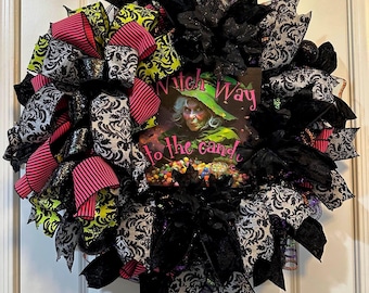 Scary Witch Halloween Wreath, Black, Pink, and Green, READY TO SHIP