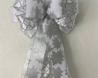 Christmas Bow READY TO SHIP, Extra Large Bow made from all silver wired ribbon, Christmas decor, Christmas gift