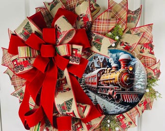 Christmas Train Wreath, Red Plaid Bow, Farmhouse Decor