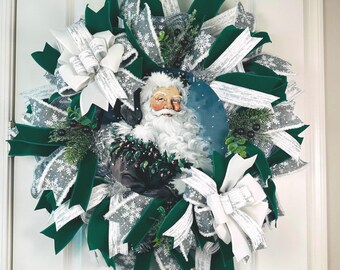 Vintage Santa Christmas Wreath, Holiday Decor